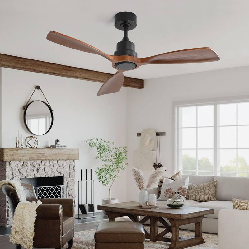 48 Inch Solid Wood Ceiling Fan without Light, Indoor/Outdoor 6 Speed Remote Ceiling Fan with 3 Reversible Blades - Black