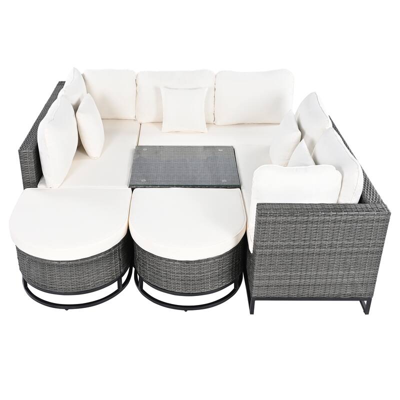 7-Piece Outdoor Wicker Sectional Sofa Set, All-Weather Patio Rattan Furniture Set with Coffee Table and Pillows