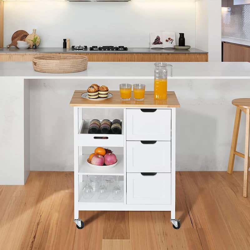 Kleio Solid Wood Top Kitchen Island Storage Cart with 3 Drawers Rolling Serving Trolley Cart