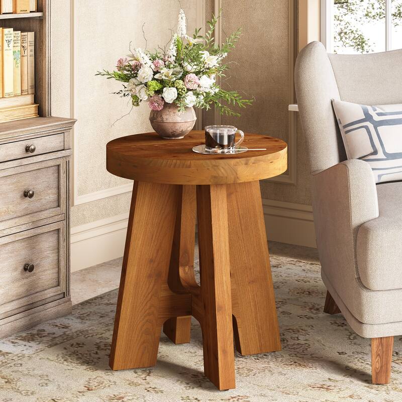 Solid Wood Round End Table, Farmhouse Small Round Side Table