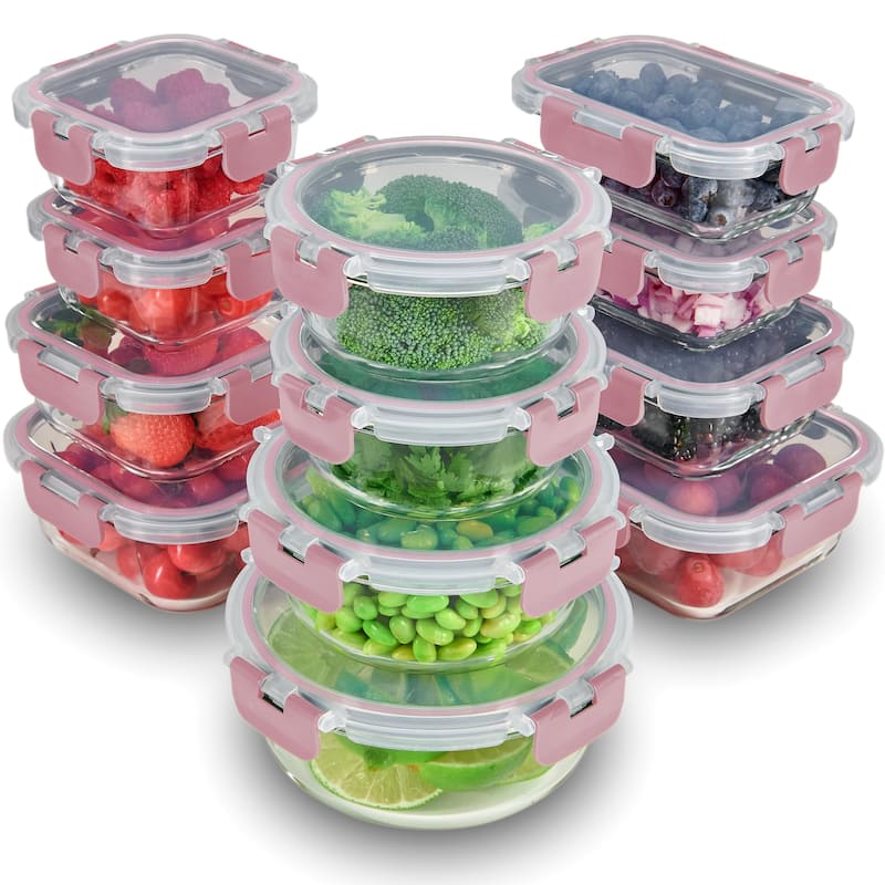 24 Piece Glass Storage Containers with Lids - Leak Proof, Dishwasher Safe Glass Food Storage Containers - Pink