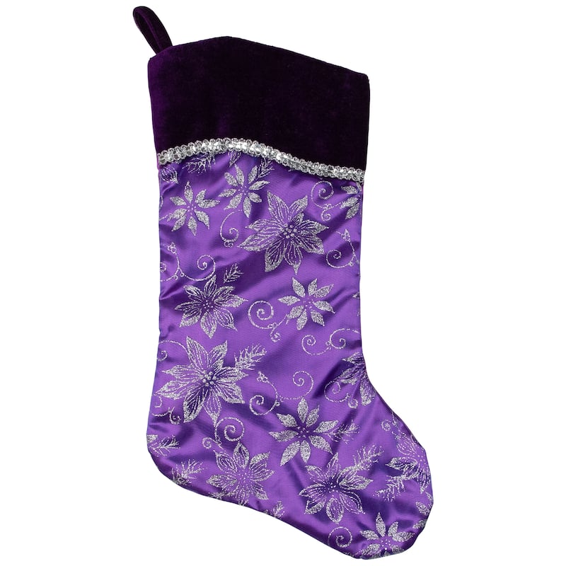 20" Purple Silver Glittered Floral Stocking Shadow Velveteen Cuff