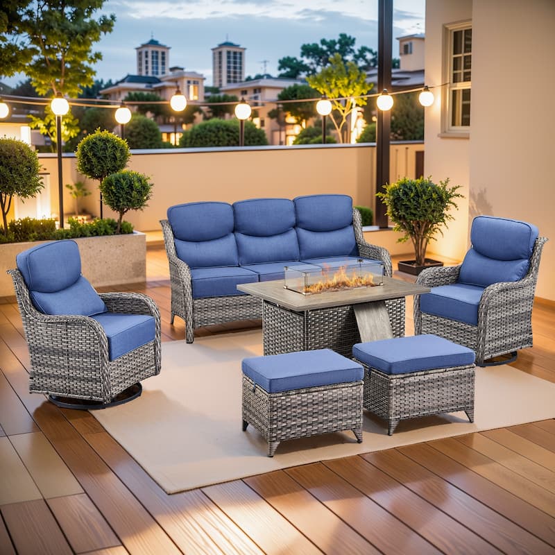 Pocassy 6 Pieces Outdoor 6 Inch Sofa Swivel Chair Ottoman with Fire Table - Blue cushion - Gray Wicker