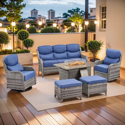 Pocassy Outdoor 6 Inch Sofa Glider Chairs Ottoman with Fire Table Set
