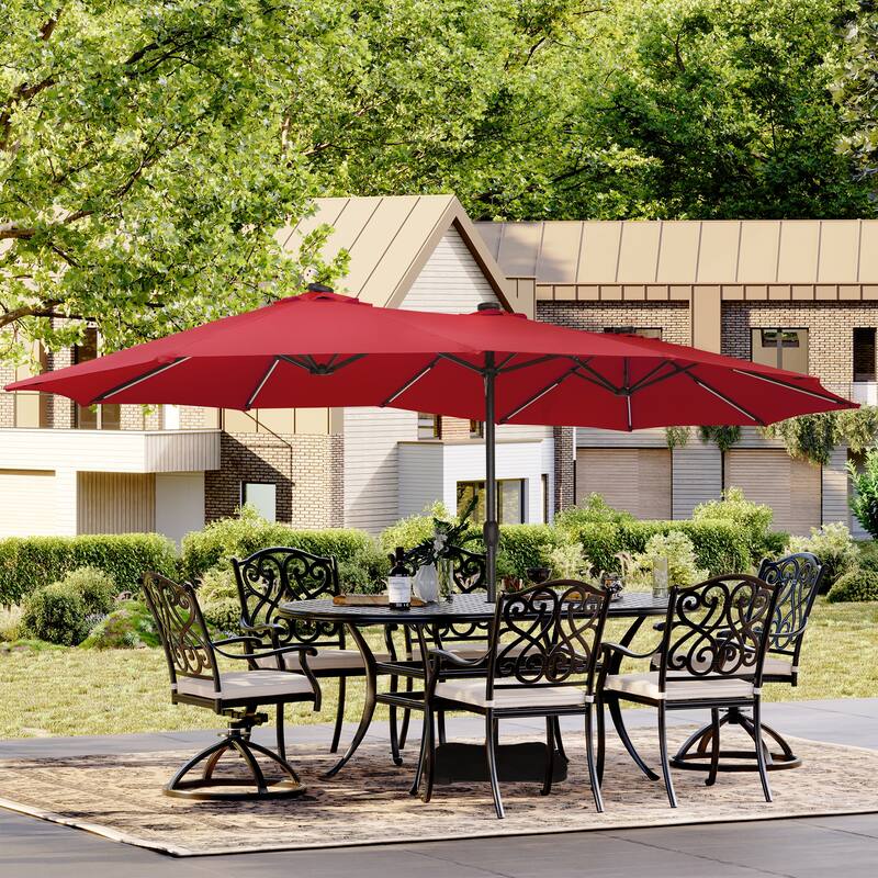 Clihome 15Ft Outdoor Solar Lights Rectangular Crank Market Umbrella, with Base - Red
