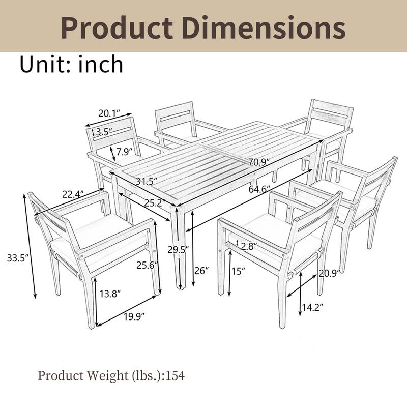 Acacia Wood Dining Set - Waterproof, Rust-Proof, 350LB Capacity, 7Pcs