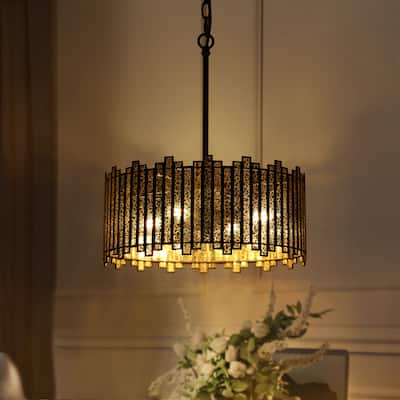 Tifany Modern 4-Light Drum Chandelier Black Glass Island Lights for Dining Room - 15.7'' L x 15.7'' W x 18.9'' H