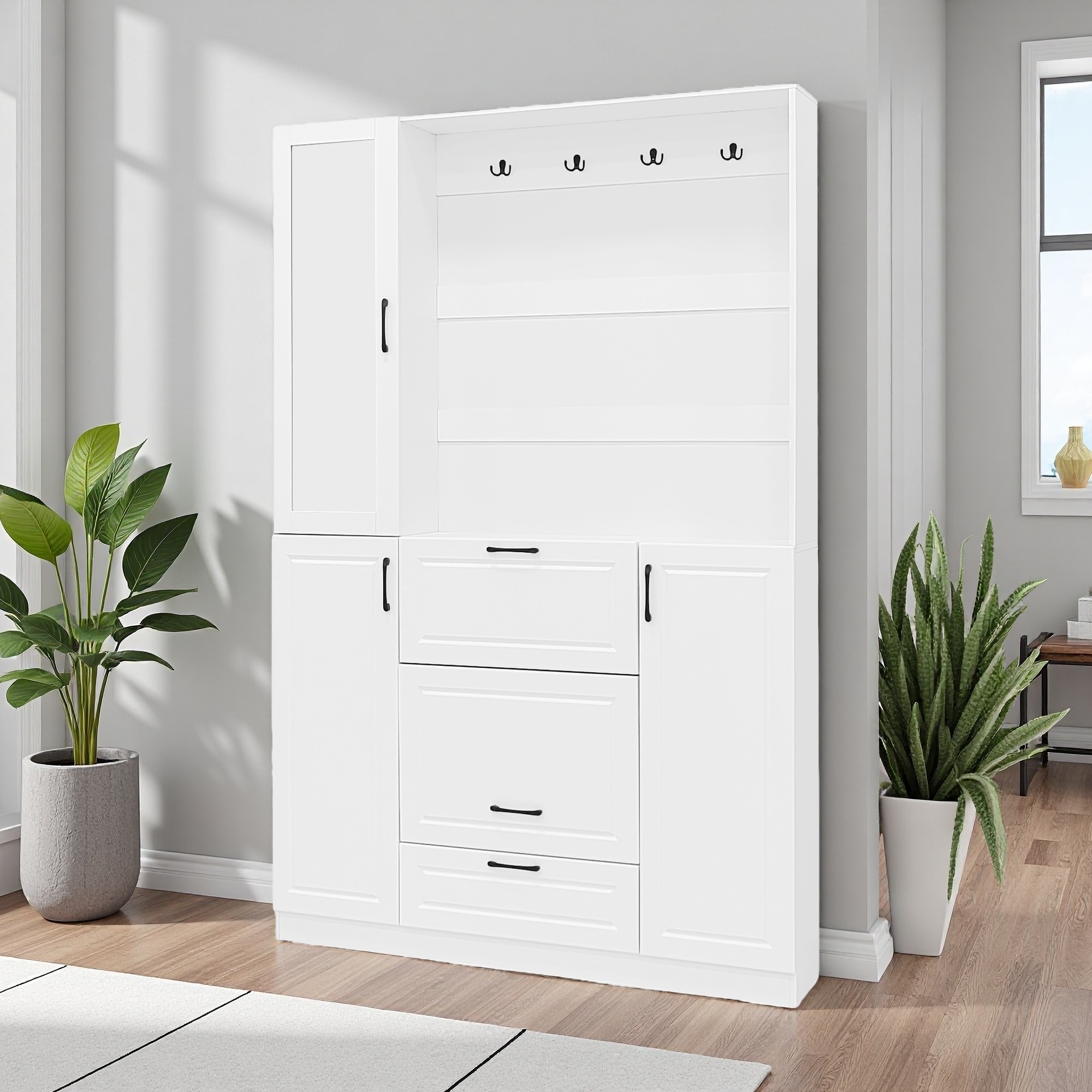 51''L MDF Entryway Bench with Integrated Shoe Cabinet, 3-in-1 Hall Tree with Mirror, 4 Hooks & Foldable Seat for Living Room