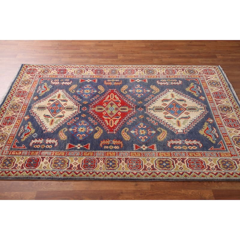 Navy Blue Kazak Area Rug Hand-Knotted Wool Carpet - 4'2" x 6'3"