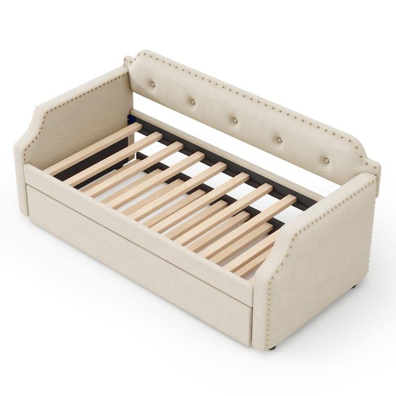 Twin Size Upholstered Daybed w/Button Back Linen Sofa Bed and Pull-out Trundle Bed for Bedroom, No Box Spring Required