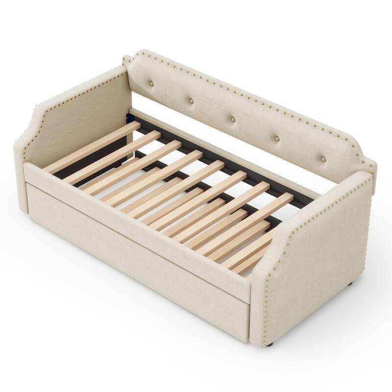 Twin Size Upholstered Sofa Daybed with Trundle, Wood Slat Support, Linen Frame, Perfect for Small Living Spaces and Guest Rooms