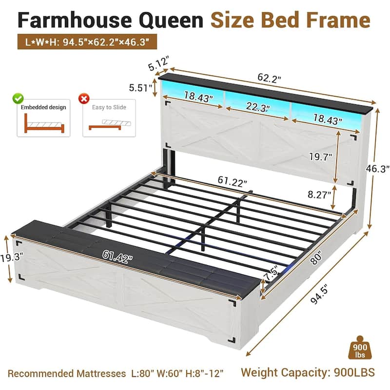 Bed Frame with Storage Ottoman Charging Station and Led Light