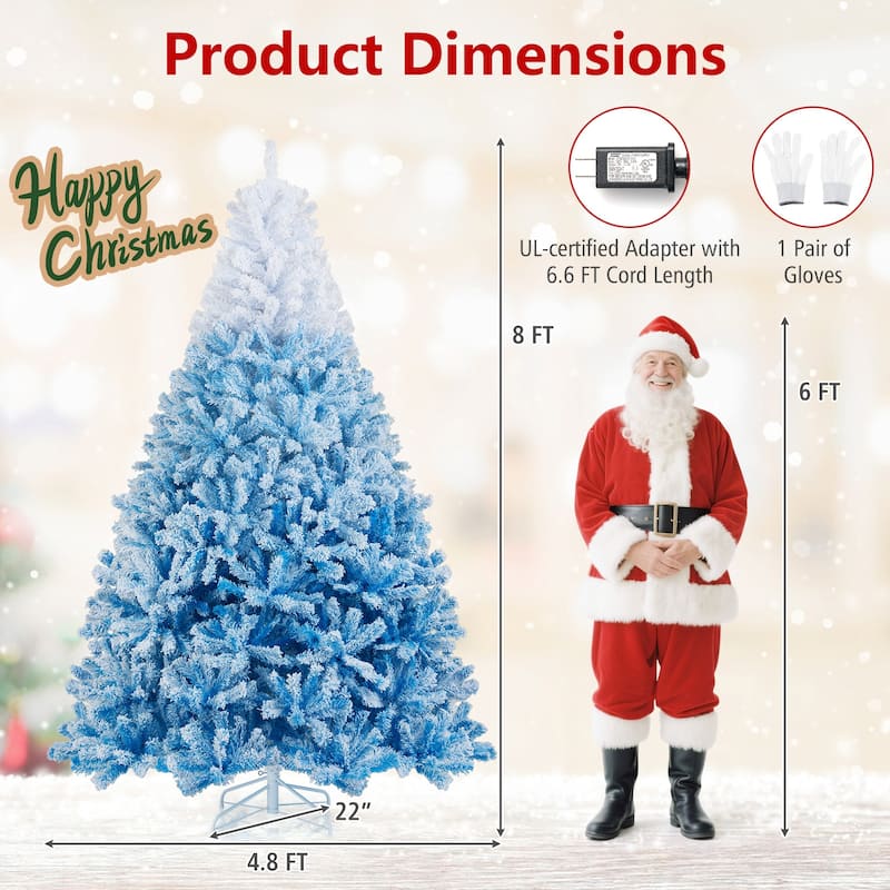 5/6/7/8 FT Pre-Lit Snow Flocked Christmas Tree Artificial Hinged Tree - Blue+White - 8 Foot