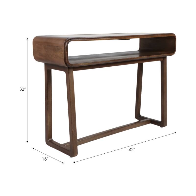 Wood and Travertine Console Table with Open Shelf and Curved Design