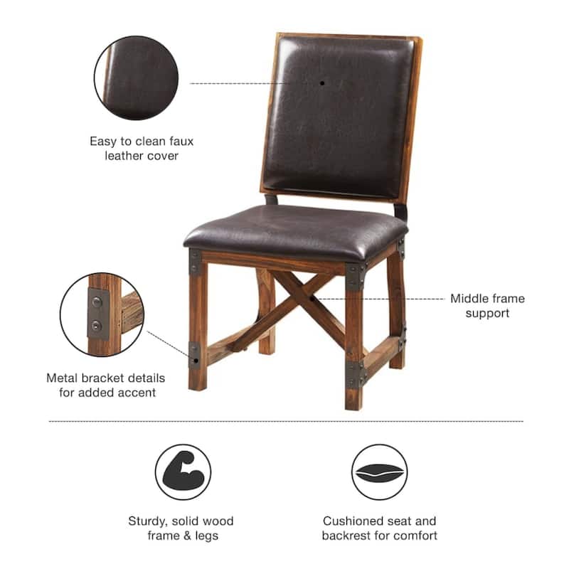 Roomfitters Industrial Dining Chair, Faux Leather Upholstered High-Back with Cross-Beamed Solid Wood Frame, Chocolate