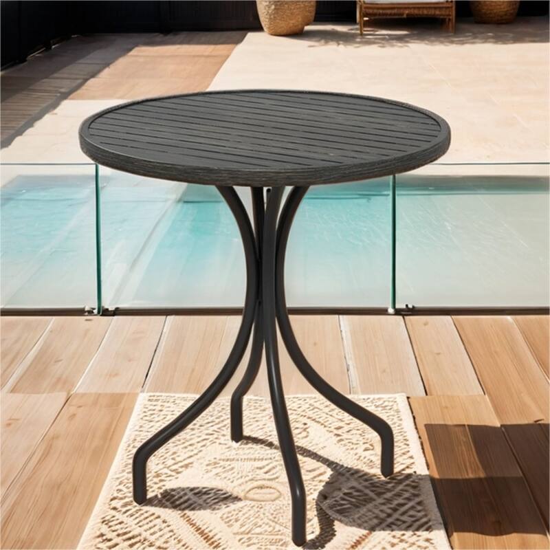 Outdoor Round Side Table with Steel Frame and Slat Tabletop - Gray