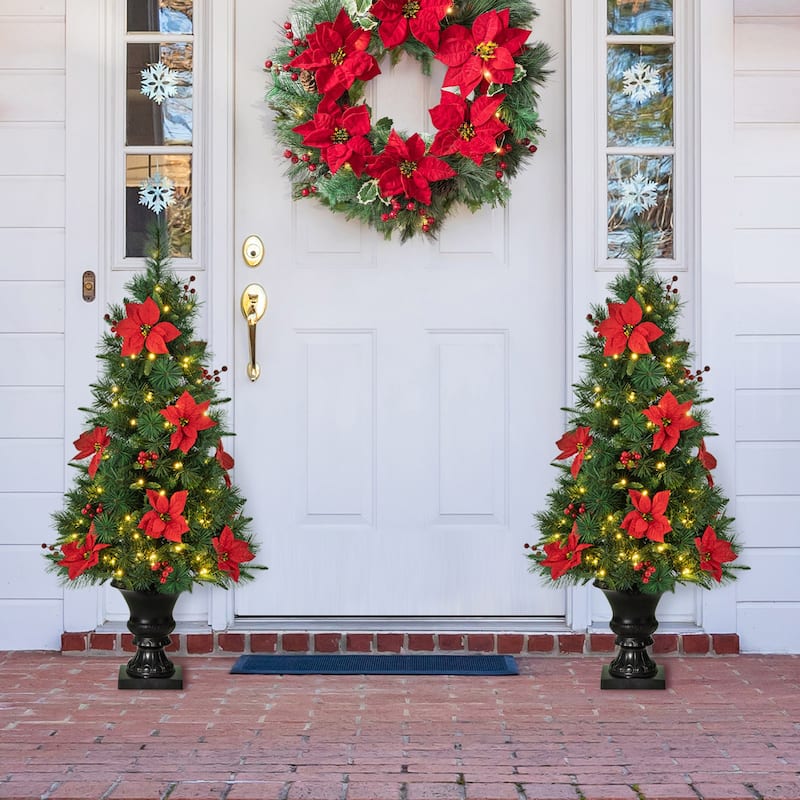 Glitzhome 4/5 Foot Pre-Lit Pine Artificial Potted Christmas Trees with Warm White Lights and Poinsettia Home Entrance Decoration