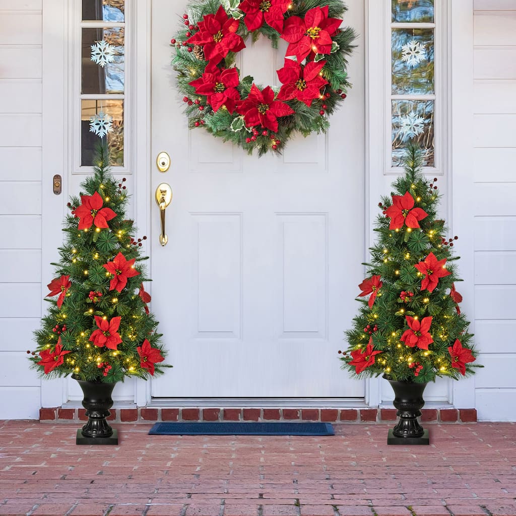Glitzhome 4ft/5ft Pre-Lit Pine Artificial Christmas Potted Trees with Warm White Lights and Poinsettia Home Porch Decoration