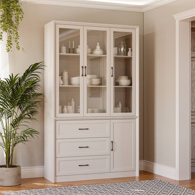 79.6"H Display Bookcase Pantry Cabinet Sideboard with Tempered Glass Doors White/Brown