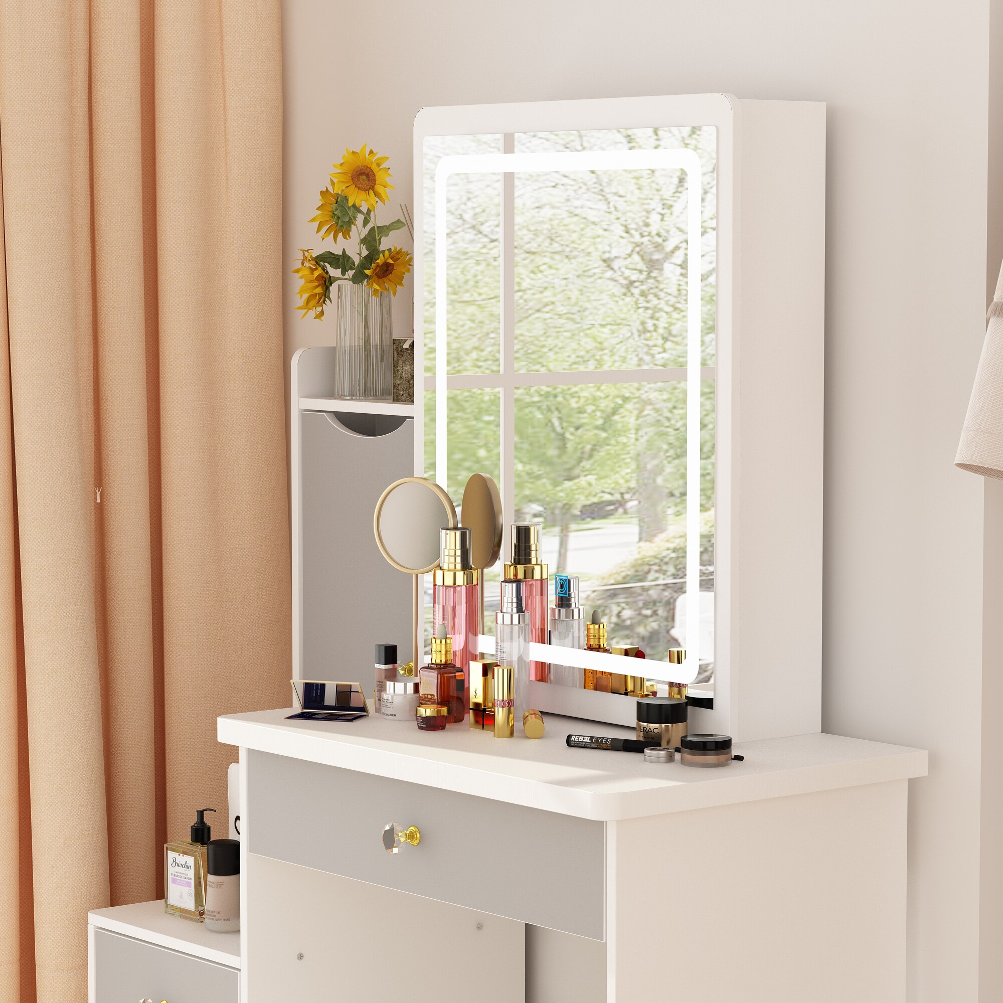 Makeup Vanity Set with Sliding Lighted Mirror Stool Hidden