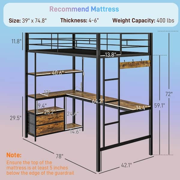 HOMCOM Metal Loft Bed Twin Size with L-Shaped Desk, LED Lights, Charging Station, Twin Loft Bed Frame with Shelves