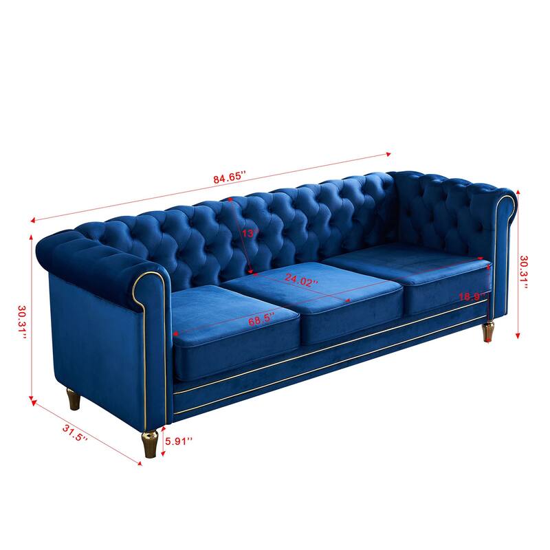 Velvet Chesterfield Sofa, 3-Seater with Rolled Arms, Tufted Back, Metal Legs for Living Room