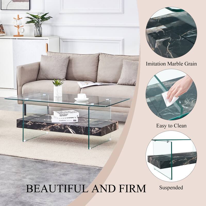 Roomfitters 43.3" Two-Tier Glass Coffee Table with Light Wood Shelf, Side Table or Display Stand