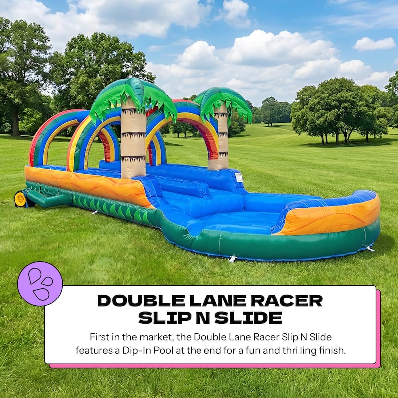 POP JUMP Tropical 27' Dual Lane Slip N Slide With Pool - Blue - 27' x 10' x 7'