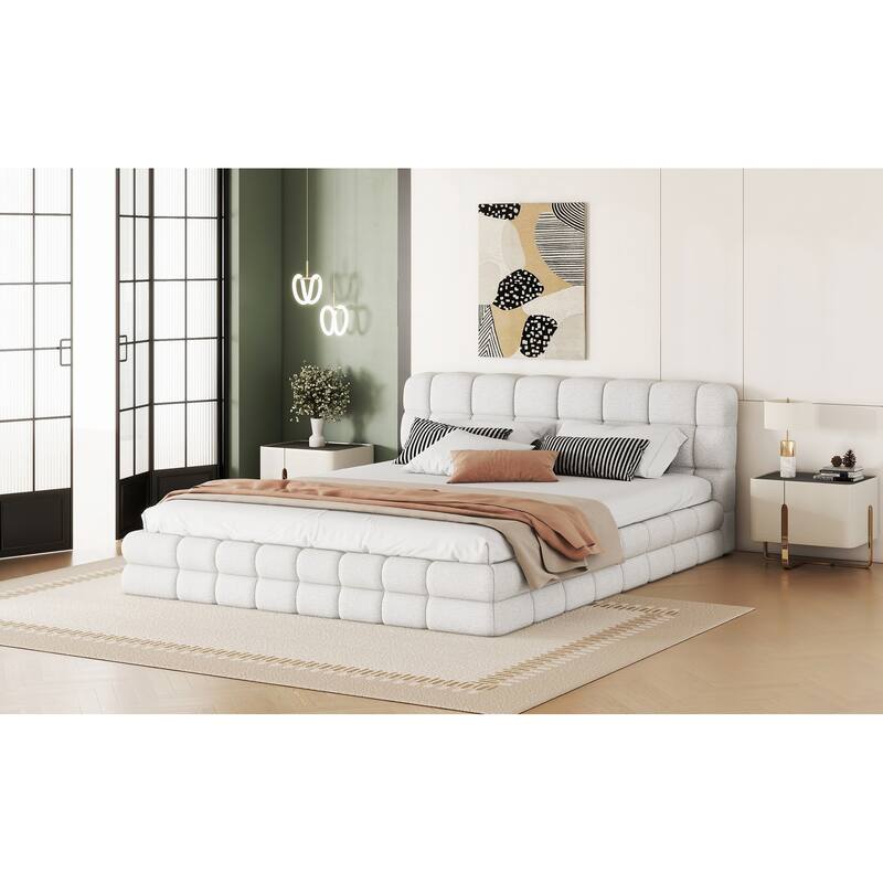 Queen Size Upholstered Platform Bed with Headboard, White