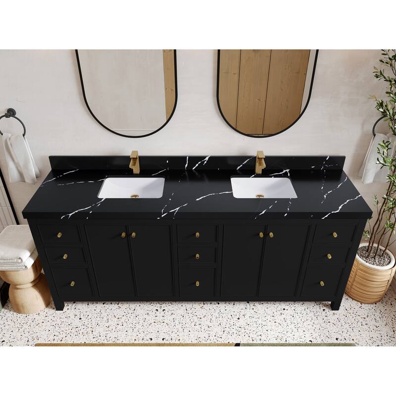 Willow Collections 84 in. W x 22 in. D Chicago Double Bowl Sink Bathroom Vanity with Countertop - 2"Calacatta Black - Black
