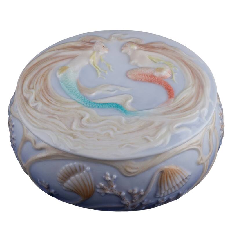 Charis 4.53" width TWO MERMAIDS TRINKET BOX multicolor Fine Porcelain