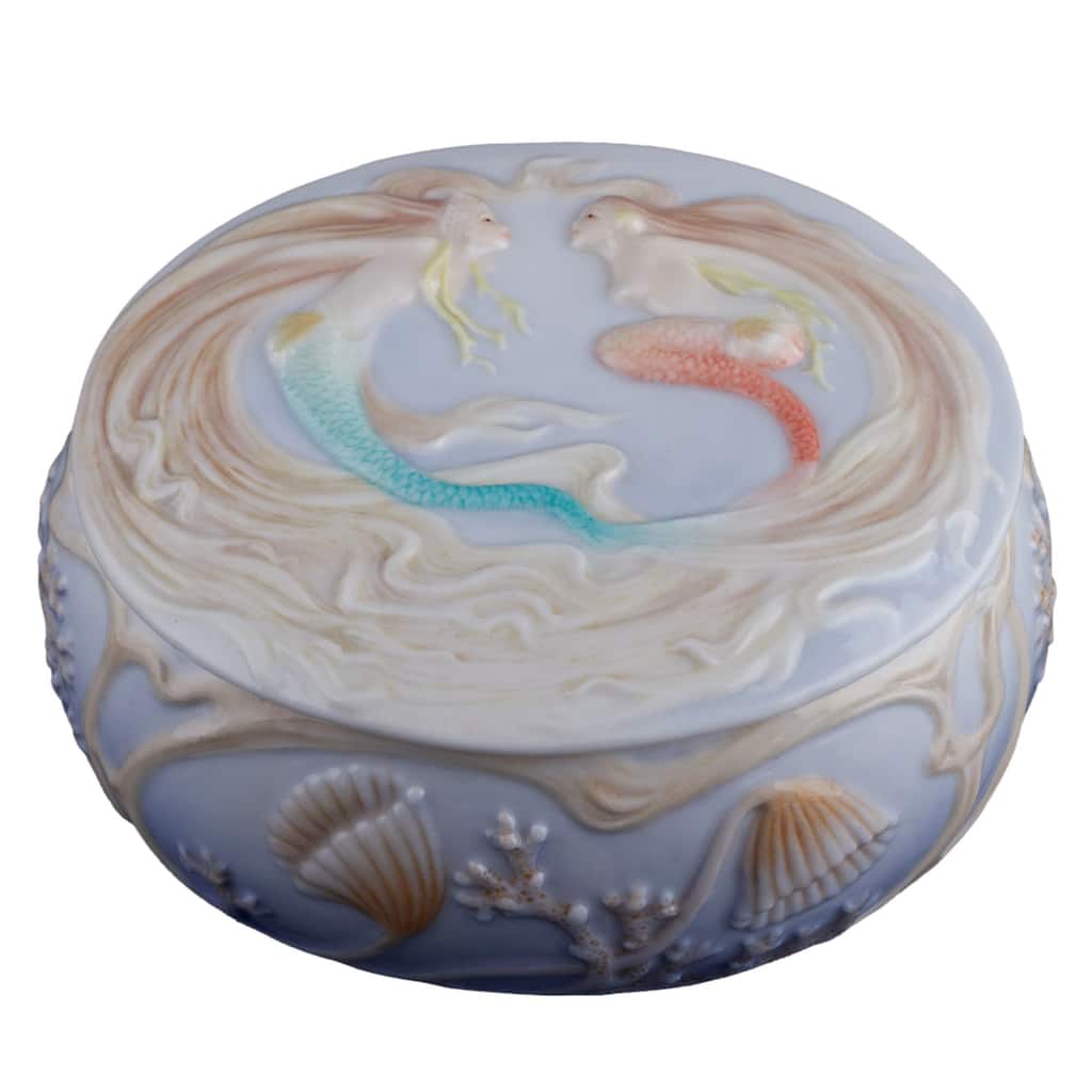 Charis 4.53" width TWO MERMAIDS TRINKET BOX multicolor Fine Porcelain