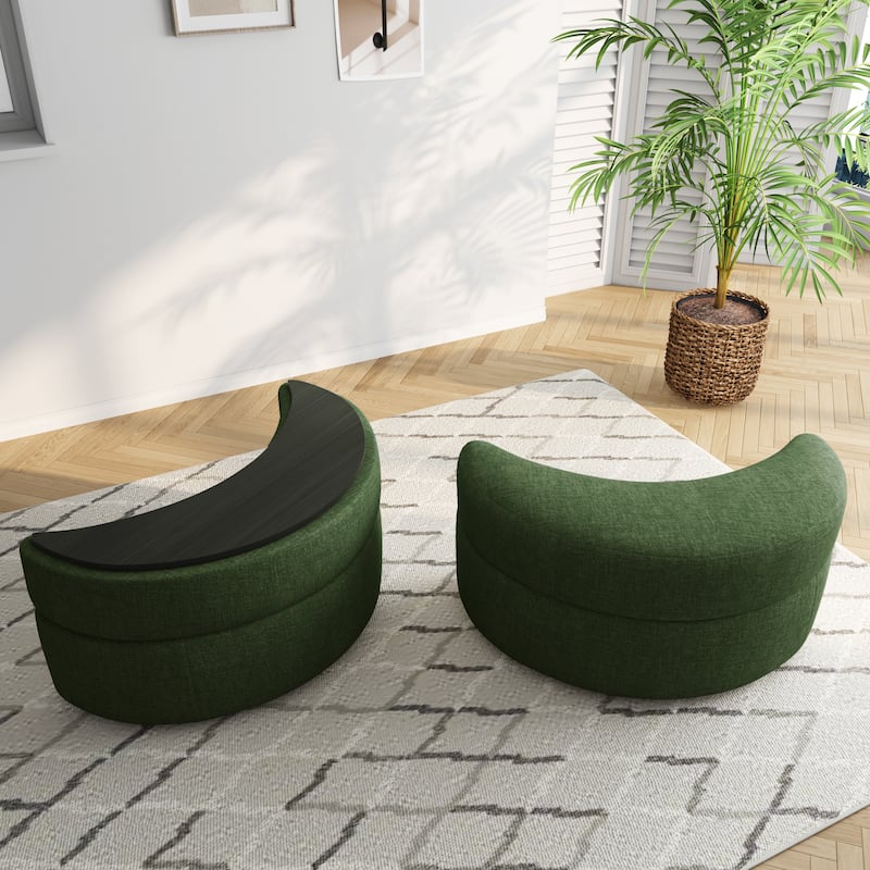 Upholstered Half Moon Storage Ottoman with Tray Set of 2 - Chenille - Green/Chenille