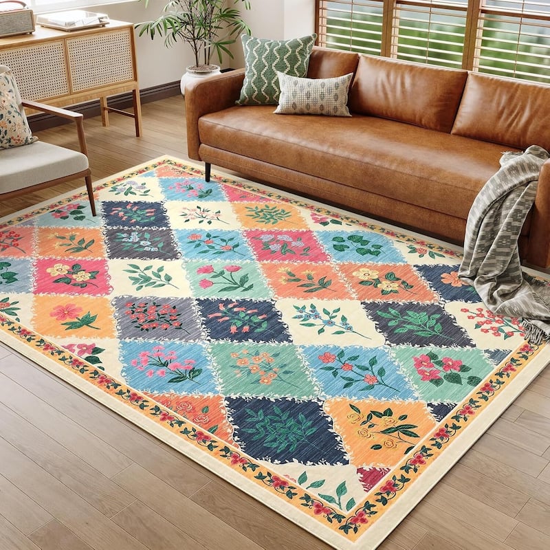 Vintage Floral Washbale Floor Cover Area Rug for Bedroom, Living Room, Colorful - 1'6" x 2'6" - Multi 5' x 7'