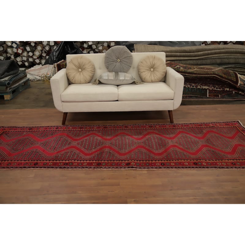 Hand Knotted Oriental 100% Wool Carpet Traditional Geometric Red Hamedan Runner Rug - 10' 5'' X 3' 6''