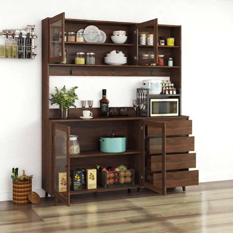 63" Wide Pantry Storage Cabinet with Microwave Tabletop, 4 Doors and 4 Drawers, Kitchen Cupboard Organizer