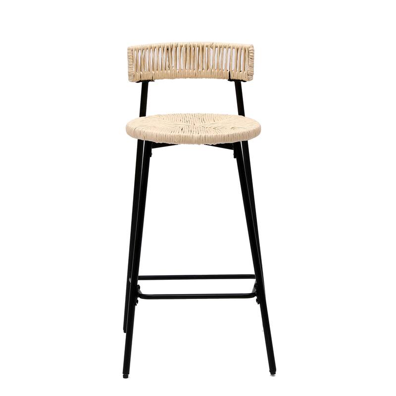 Handwoven Paper Rope Counter Stools Set of 2, Dining Chair with Back and Footrest, Kitchen Island Chair with Metal Frame