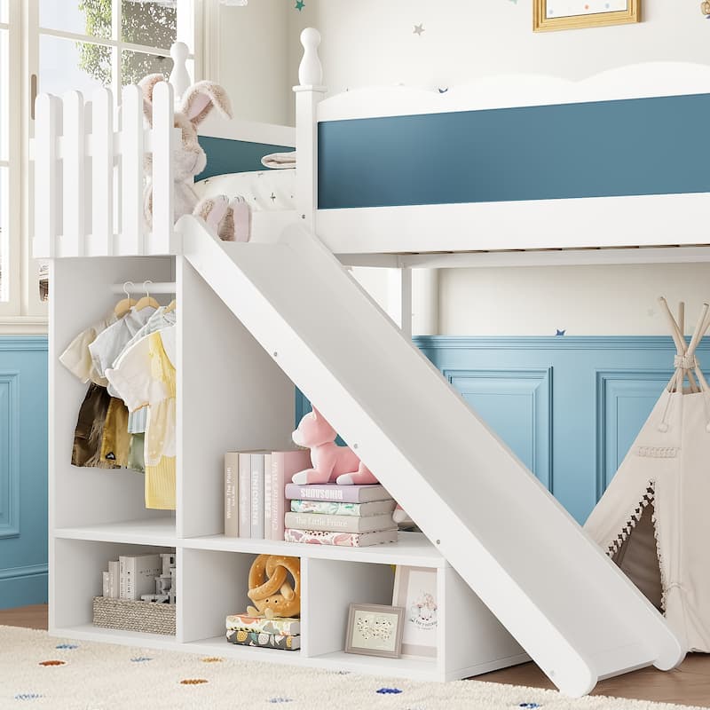 Twin Loft Bed with Storage Shelves and Wardrobe, Solid Wood Loft Beds with Detachable Slide and Ladders, No Spring Box Needed