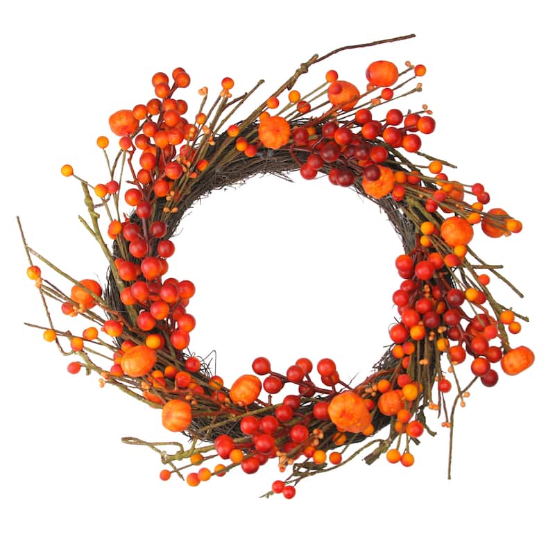 Red Orange Fall Berry Mini Pumpkin Artificial Thanksgiving Wreath 20"