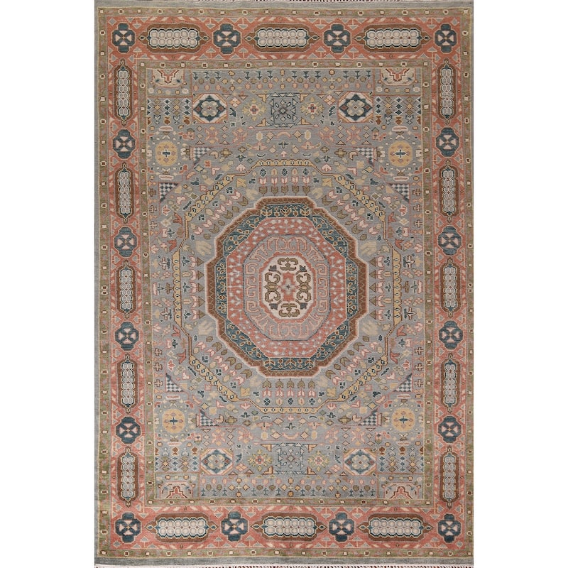 Gray Geometric Khotan Oriental Area Rug Hand-Knotted Wool Carpet - 8'9" x 12'3"