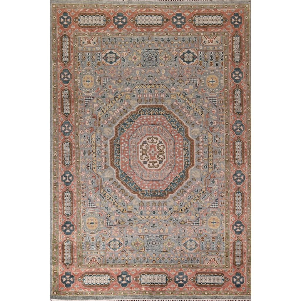 Gray Geometric Khotan Oriental Area Rug Hand-Knotted Wool Carpet - 8'9" x 12'3"