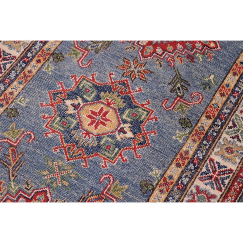 Rustic Kazak Isla Light Blue/Beige Wool Runner - 2'8'' x 9'6''