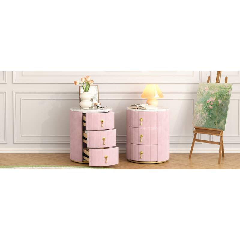 Set of 2 Upholstered 3-Drawer Nightstands - Round Marbling Top Bedside Table (Fully Assembled Except Handles, Pink)