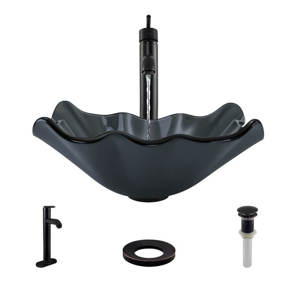 Rene R5-5012-R9-7001 17" Glass Vessel Bathroom Sink with Vessel Faucet, Sink Ring, and Vessel Pop-Up Drain