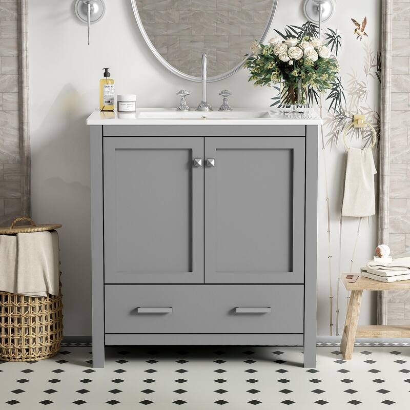 Bathroom Vanity with Single Sink, Bathroom Storage Cabinet with 2 Doors and 1 Drawer, Bathroom Vanities with Solid Wood Frame