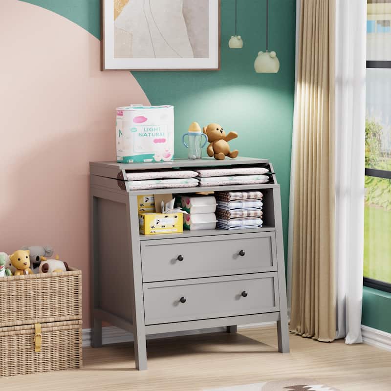 Baby Changing Table Multi-Functional 2 Drawer Dresser - Grey
