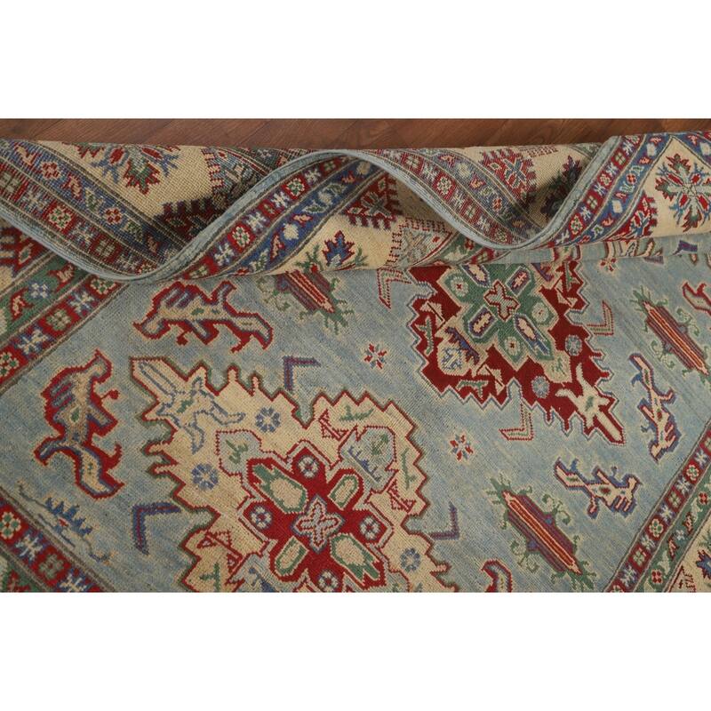 Light Blue Geometric Kazak Area Rug Handmade Wool Carpet - 4'11" x 6'10"