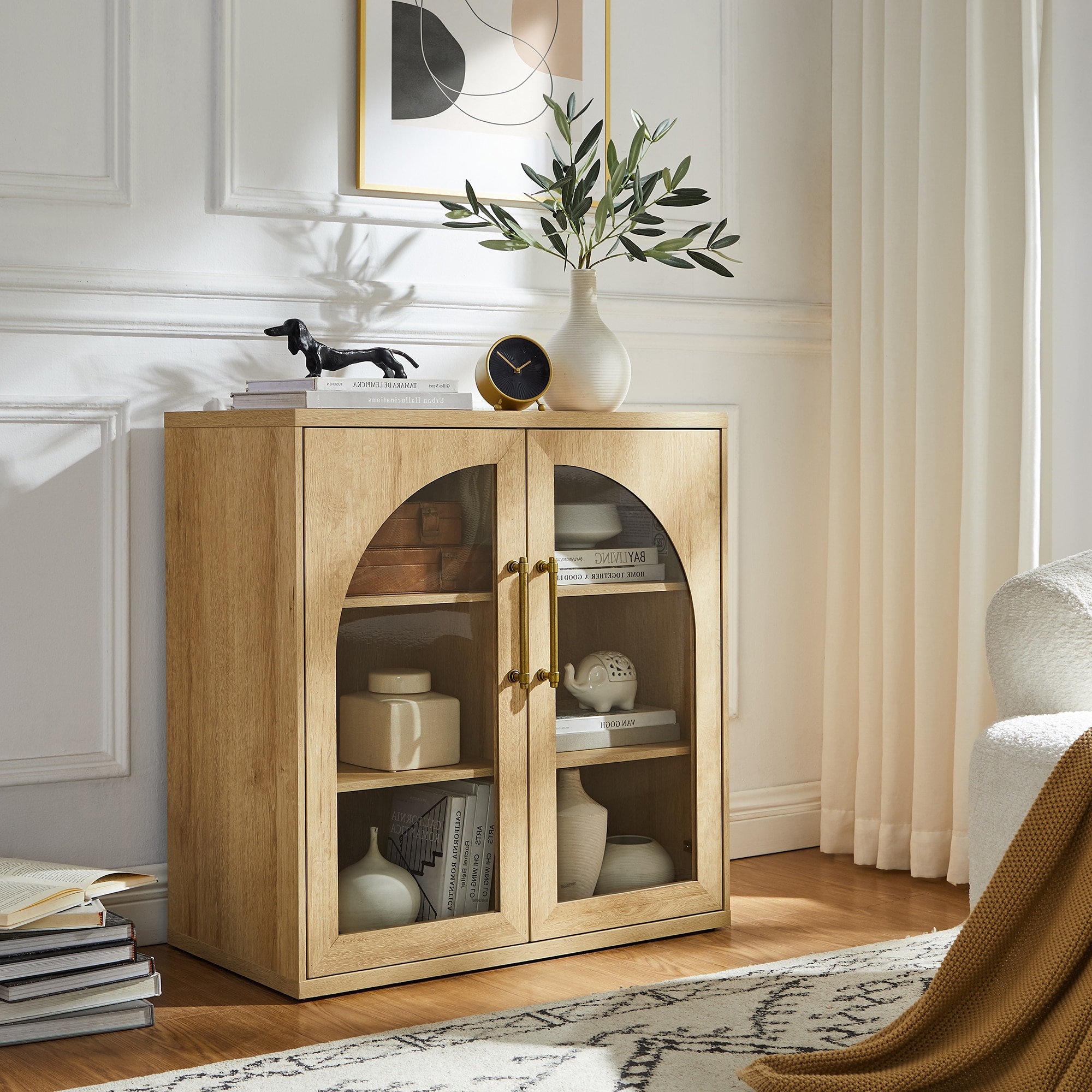 Glass Arched Door Cabinet with Adjustable Shelf, Wood Storage Cabinet