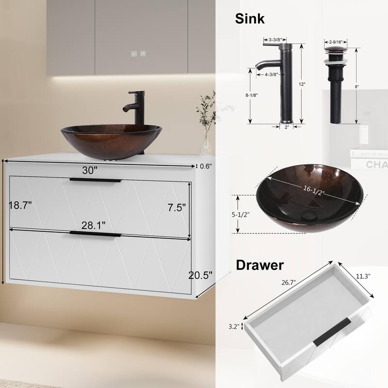 Modern Wall Mounted Bathroom Vanity Set with Vessel Sink & Faucet