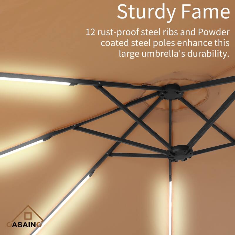 15 ft. Crank Double-sided Solar LED Ultra Lighted Outdoor Market Umbrella with Base Included